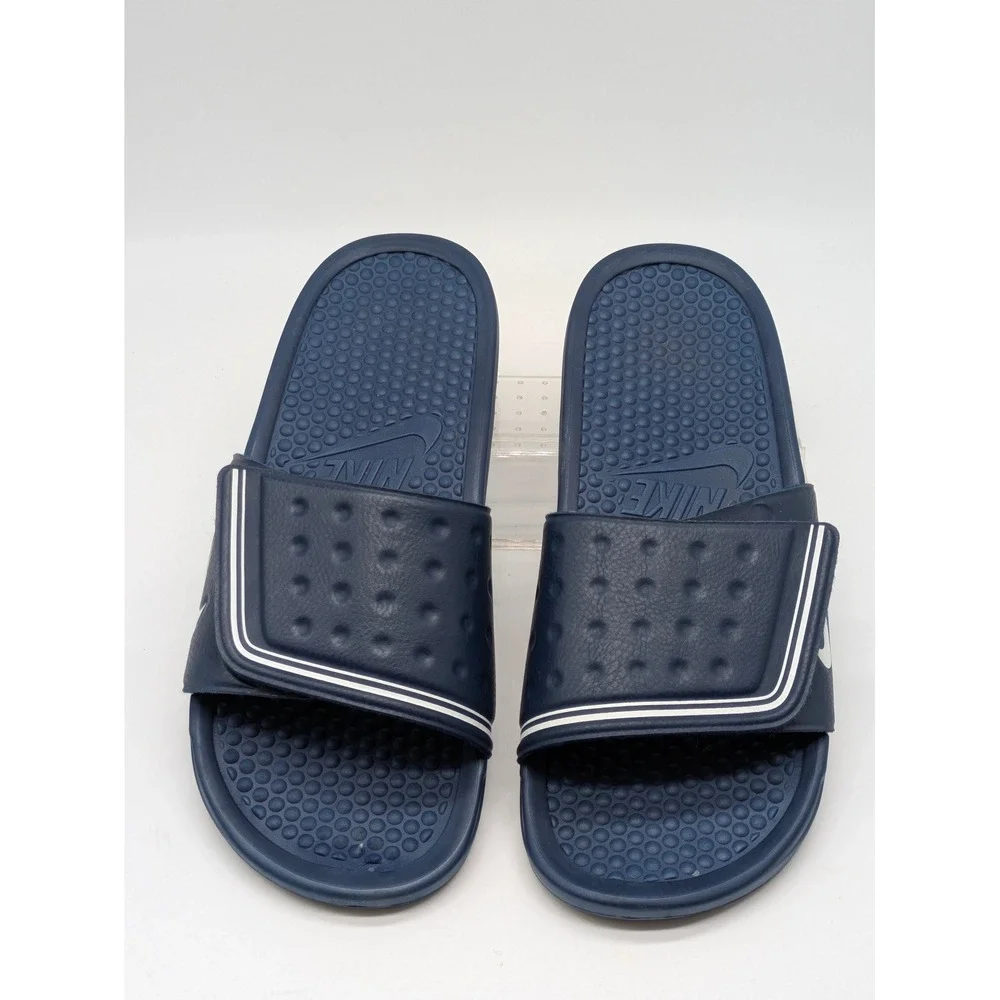 Nike Benassi JDI Men's Slide Sandals Navy Blue White Logo Size 9 Adj Strap